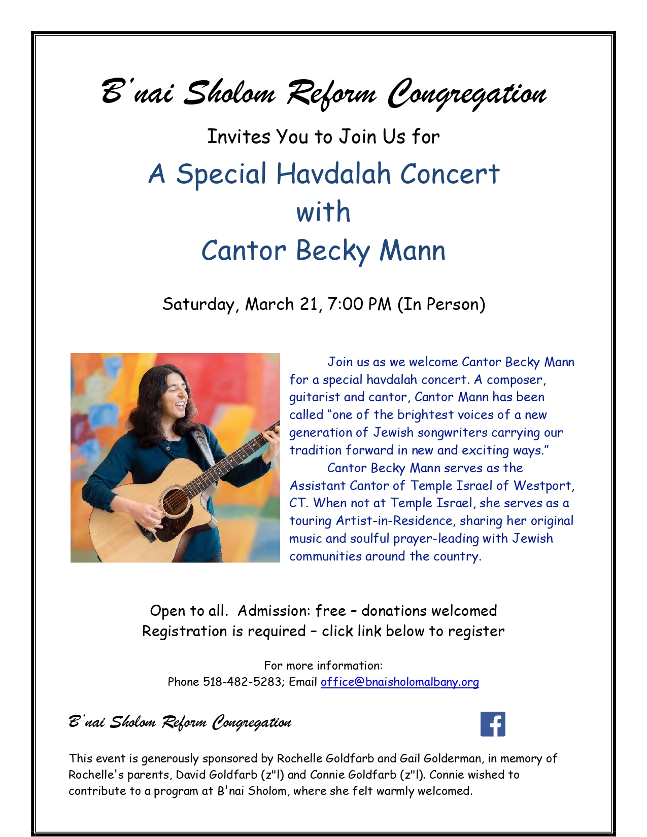 Special Havdalah Concert with Cantor Becky Mann